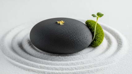 Minimalist Zen garden dessert featuring a smooth charcoal stone cake with gold leaf on a raked white sugar sand bed