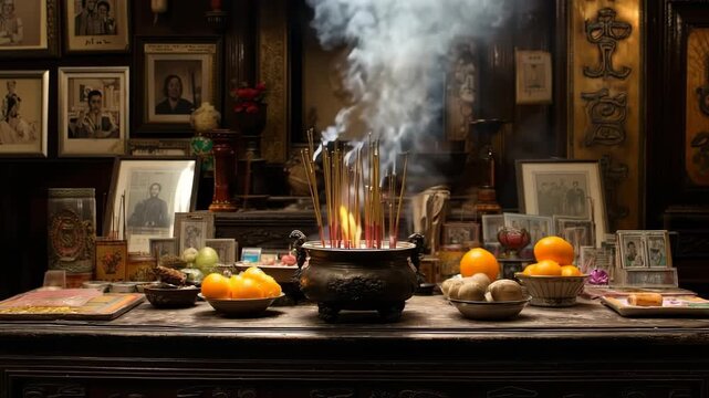 Burning Incense Sticks Creating Gentle Smoke Over Traditional Ancestral Altar with Offerings Indoors