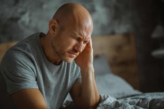 Bald young man experiencing ear pain while sitting on a bed in his room