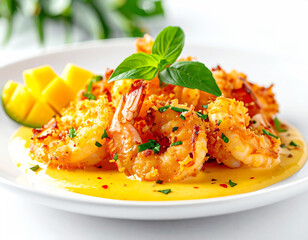 Deep fried coconut shrimp with creamy mango sauce, appetizer, white plate, closeup. AI