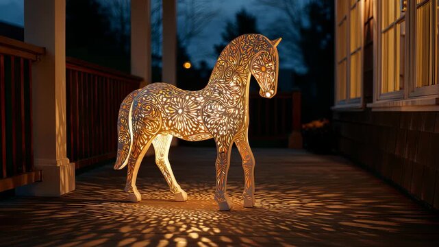 Glowing Decorative Horse Sculpture Casting Intricate Light Patterns on Porch at Dusk