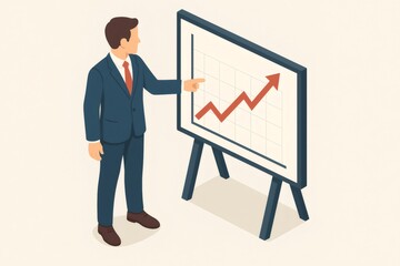 Businessman in a suit pointing at an upward trending graph on a clean whiteboard, symbolizing financial success and positive analytics