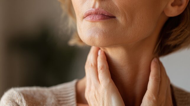 Close up panorama of woman touching her neck having thyroid issues