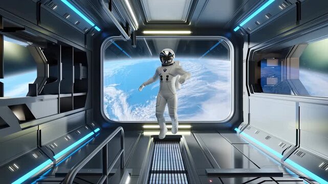 Astronaut floating in zero gravity inside futuristic spaceship. High tech interior with Earth view, blue neon lighting.