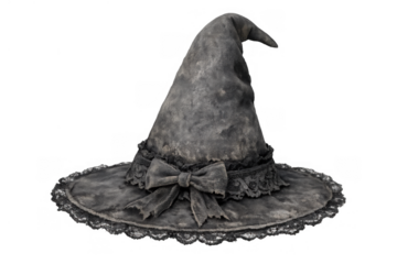 Distressed witch hat with a crumpled peak, bow, and lace details, symbolizing ancient magic and halloween mysticism