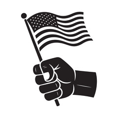 A clenched fist holding a waving american flag in a monochrome style