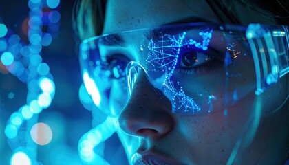 Computational Biology Concept: Abstract chromosome patterns reflected in scientist glasses
