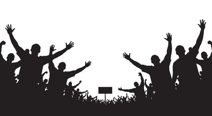 Silhouette of a crowd of people cheering and raising their hands in excitement against a white background. © Riki