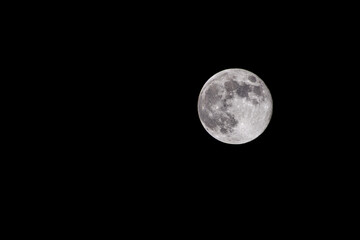 Fototapeta premium Bright full moon isolated on black night sky with copy space