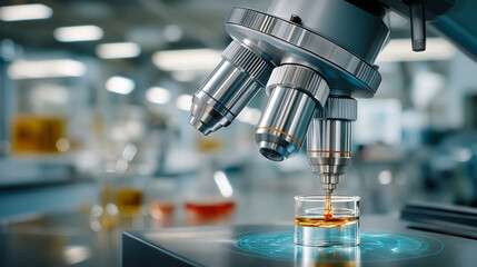 Microscope lens focusing on liquid sample in petri dish with futuristic digital interface in laboratory setting