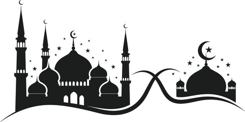 Islamic mosque silhouette flat vector, crescent moon, star symbol, religious architecture, flowing design, black illustration, cultural art, Eid Ramadan theme