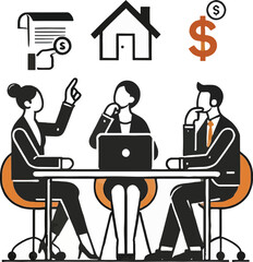 Fototapeta premium Business Meeting with Financial Icons and House Symbol Keywords: business, meeting, negotiation