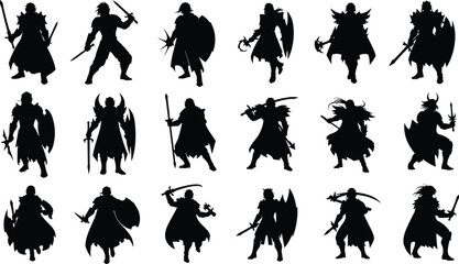 Fantasy warrior silhouettes, sword and spear poses, medieval fighters, heroic action, black figures, epic battle stance, armor design, character art © Habiba
