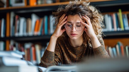 Female student experiencing stress in the library overwhelmed by academic pressures and research assignments leading to anxiety and burnout