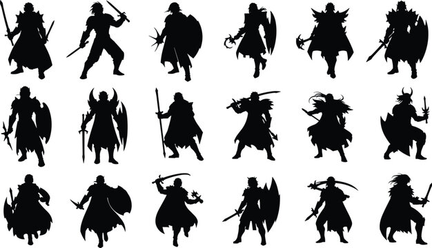 Fantasy warrior silhouettes, sword and spear poses, medieval fighters, heroic action, black figures, epic battle stance, armor design, character art