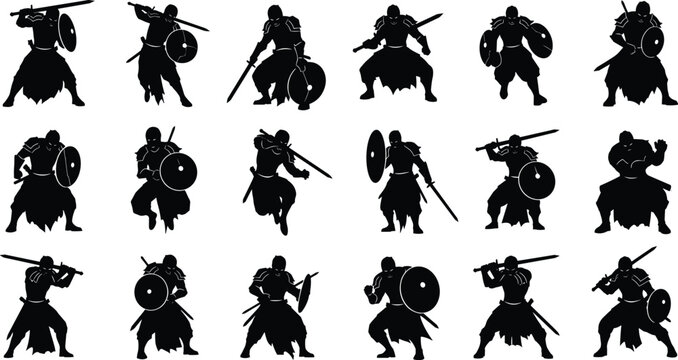 Warrior silhouettes, sword and shield poses, medieval fighters, fantasy battle stance, heroic action, black figures, epic combat, armor design