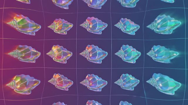 Abstract digital art pattern featuring stylized conch shells arranged in a pulsing seamless grid distorting color gradients ideal for high-tech background display design, loop, color