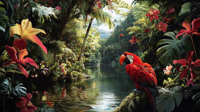 A vibrant scarlet macaw perched on mossy branch gazes over still river amidst lush tropical rainforest filled with orchids and palm trees in exotic paradise scene.