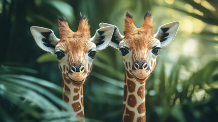 Two adorable giraffe calves gaze curiously at the camera amidst lush green foliage in their natural habitat, showcasing the beauty of African wildlife so vibrant.