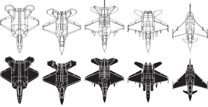 Collection of fighter jet blueprints and silhouettes, top-down view, showcasing different aircraft designs and outlines.