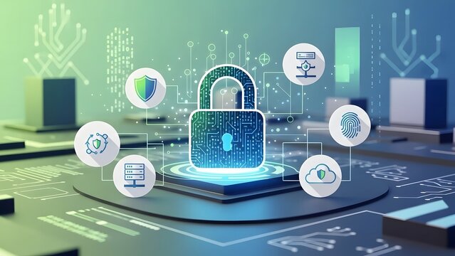 Cybersecurity measures in place with a digital padlock on a futuristic interface surrounded by security icons