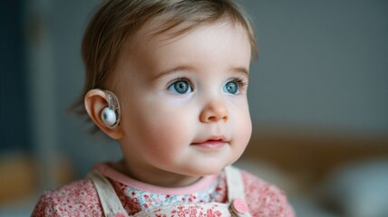 Infant with a hearing device Child with disability and deafness theme