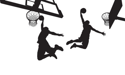 Two basketball players performing slam dunks during a game, captured in silhouette against a white background. © Riki