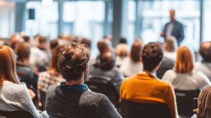 Fototapeta premium Instructor led employee training session for office workers featuring expert speakers at a community summit focused on conference planning and business learning