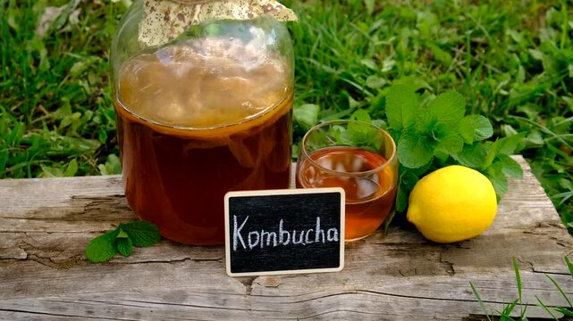 Kombucha in a jar at home. Selective focus.