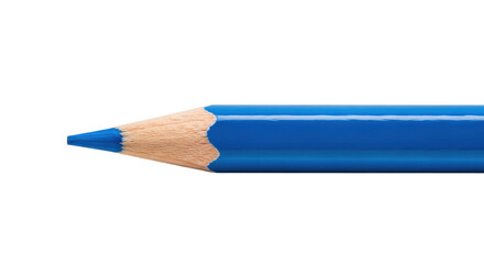 extreme macro shot of a new, cobalt blue colored pencil with a glossy lacquer finish and cedar wood tip, isolated horizontally on a reflective white background with subtle bokeh. concept of