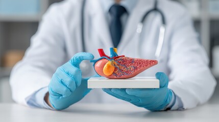 Management of pancreatic conditions both acute and chronic pancreatitis Physician illustrating pancreatic disease with a medical model for analysis and treatment