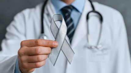 May is Brain Cancer Awareness Month featuring a grey ribbon to support affected individuals This relates to healthcare and World Cancer Day