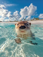 Close-up of a playful otter in clear shallow water