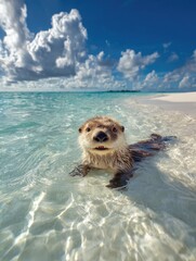 Sea otter in shallow water, sunny day