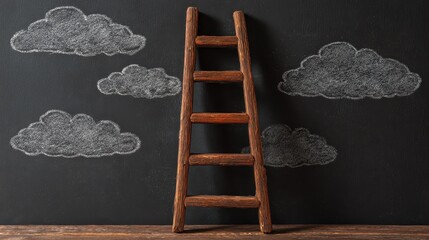 Retro filtered graphics of a wooden ladder and clouds on a blackboard