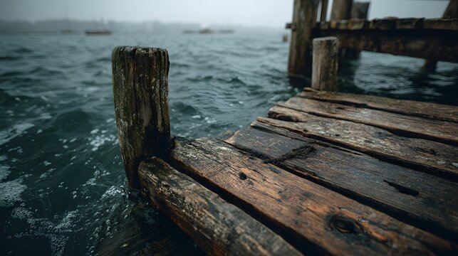 Weathered wooden dock piling and planks stand over dark murky water showing rustic texture in a low angle moody waterfront perspective.