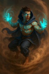 Young man standing barefoot, body glowing with swirling magical energy and casting a powerful spell of wind magic