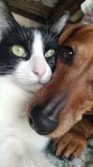 Close-up of a black and white cat and a dachshund dog, faces close together