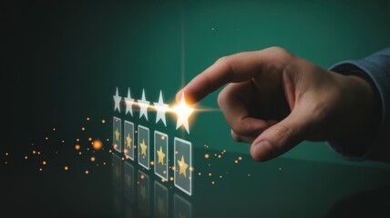 Hand giving five star rating on virtual interface, symbolizing excellent customer satisfaction, online review system, feedback evaluation, and business reputation management