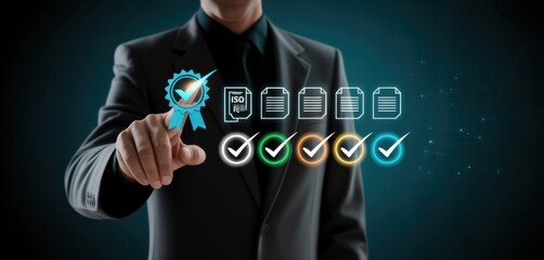 Businessman selecting quality assurance certification icon on virtual screen. Concept of ISO standards, compliance, quality control, and business process improvement in corporate governance. 
