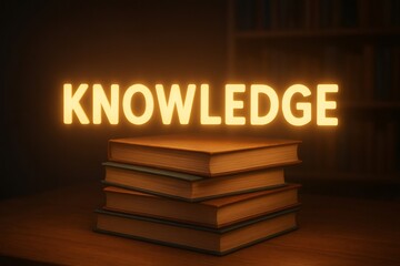 Glowing KNOWLEDGE text above a stack of old books on a wooden desk, representing education, learning, wisdom, and data