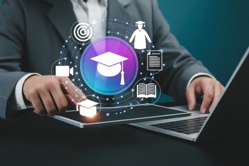 Close-up of businessman using digital interface with AI education icon, symbolizing online learning, future skills, artificial intelligence training. Concept of e-learning, modern education. 