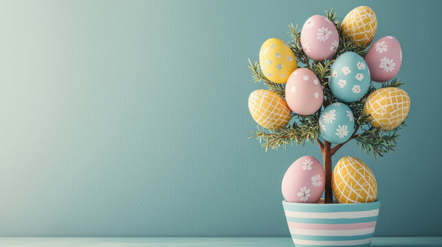Decorative Easter egg tree in a striped pot featu pastel-colored eggs with floral and geometric patterns against a light blue background creates a festive scene.