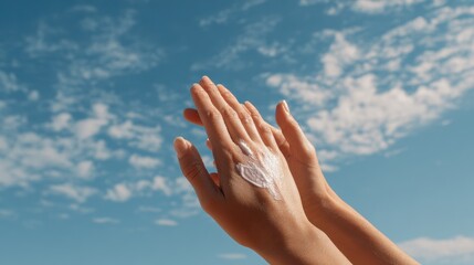 Vertical photo of a woman s hands applying skincare against a blue sky Represents body care texture and spa aesthetics