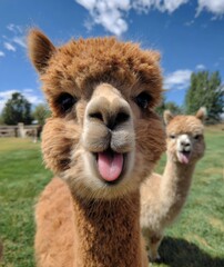 Close-up of a fluffy alpaca with tongue out, another alpaca visible in background.  Sunny day