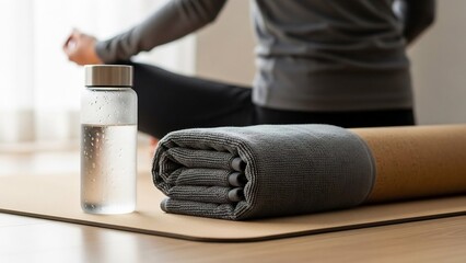 Person meditating in a serene setting with a clear glass water bottle, a neatly folded grey towel, and a yoga mat ready for practice.