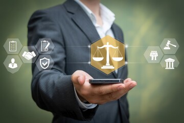 Businessman presenting digital law and justice icons with legal scale, document, and court symbols. Concept of legal technology, compliance, corporate law, regulation and governance system.
