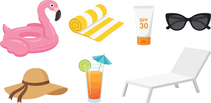 Summer poolside vacation essentials flat vector pack with pink flamingo float yellow beach chair sunscreen bottle sunglasses straw hat orange cocktail white lounge chair representing leisure relax