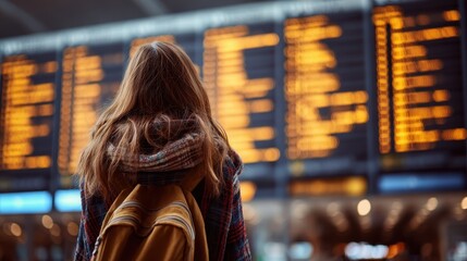 Woman at airport with flight info for global travel Person with backpack and digital timetable for arrival details