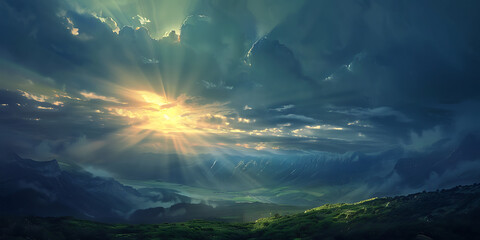 Dramatic sky with sunbeams breaking through clouds over distant mountains and lush green landscape